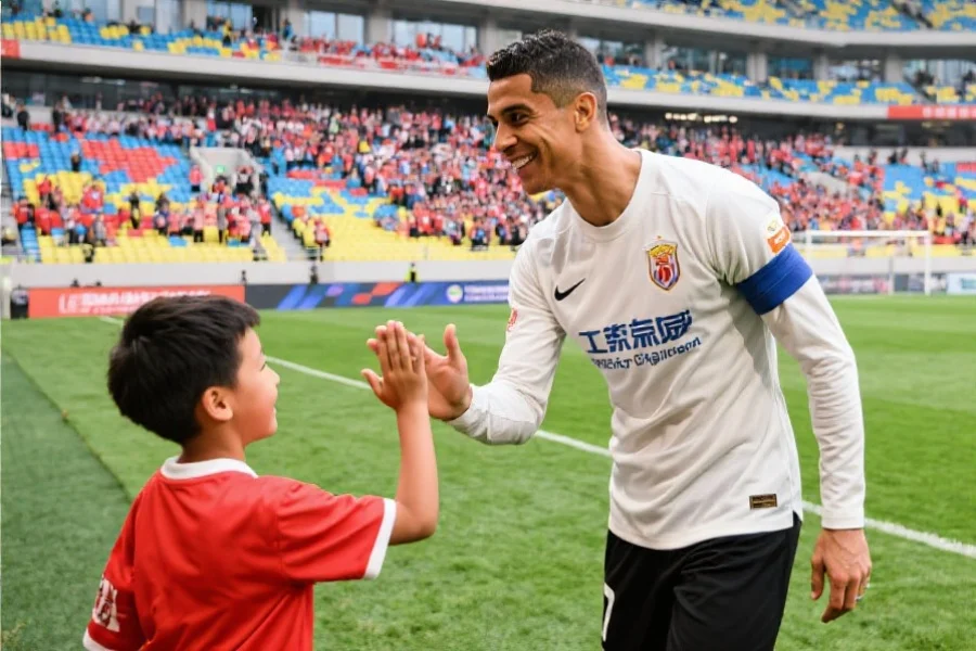 一位足球明星在赛后与小球迷击掌互动,背景是五彩斑斓的球迷看台,充满温情与正能量